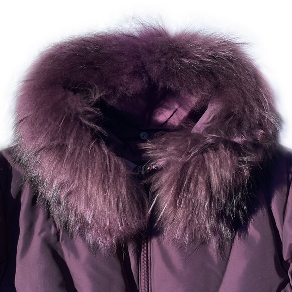 Designer plum puffer jacket coat with detachable genuine fox fur collar small - Picture 3 of 9